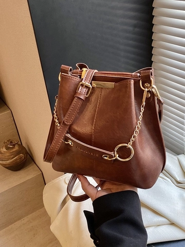 Women Retro PU Leather Bucket Bag With Chain Decoration Fashion Crossbody Shoulder Bag Vintage Commute Handbag Solid Color Purse