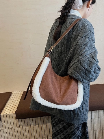 Women Suede Underarm Bag With Faux Fur Trim Vintage Hobo Shoulder Bag Autumn Winter Contrast Color Crossbody Bag Handbag