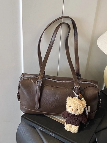 Women Vintage PU Leather Underarm Bag Retro Pillow Shape Large Capacity Shoulder Bag With Plush Bear Charm Casual Handbag
