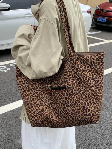 Women Large Capacity Leopard Print Tote Bag Casual Cloth Shoulder Bag Stylish Underarm Shopping Bag Fashionable Female Handbag