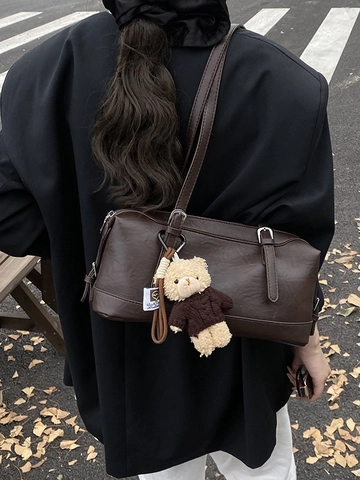 Women Vintage PU Leather Underarm Bag Retro Pillow Shape Large Capacity Shoulder Bag With Plush Bear Charm Casual Handbag