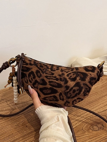 Borsa a Tracolla Mezzaluna in Scamosciata Donna Vintage Leopardata Borsa Croissant Con Pendaglio in Perline di Legno Borsa a Spalla