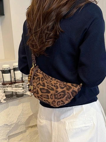 Borsa a Tracolla Mezzaluna in Scamosciata Donna Vintage Leopardata Borsa Croissant Con Pendaglio in Perline di Legno Borsa a Spalla