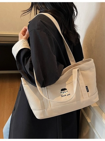 Borsa Tote in Tela Donna Grande Capacità Casuale Minimalista Borsa a Spalla Con Ricamo Ragazza Cartone per Studenti Pendolari