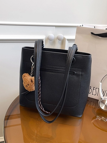 Borsa Tote da Donna in Pelle PU di Grande Capacità Texture Lychee Borsa a Spalla da Pendolare con Charm a Orso Versatile