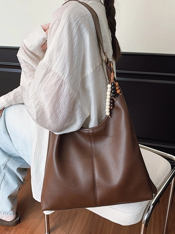 Borsa Hobo in Pelle PU di Grande Capacità Motivo Litchi Borsa Tote Con Nappina di Perline per Donna Pendolarismo Quotidiano Borsa a Tracolla