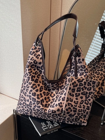 Bolso Tote de Gran Capacidad con Estampado de Leopardo Vintage Mujer Bolso de Hombro Hobo de Lona Con Neceser Juego