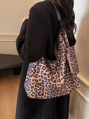 Bolso Tote de Gran Capacidad con Estampado de Leopardo Vintage Mujer Bolso de Hombro Hobo de Lona Con Neceser Juego