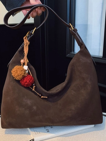 Damen Große Kapazität PU Matt Umhängetasche Vintage Hobo Dumpling Schultertasche Mit Bommel-Anhänger Lässig Pendeltasche