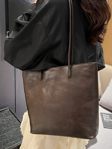 Large Capacity PU Leather Pleated Tote Bag For Women Retro Solid Color Commuter Shoulder Bag Versatile Work Handbag Shopping Bag