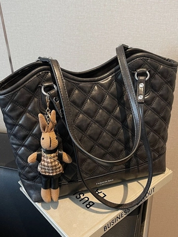 Sac Fourre-Tout Femme Grande Capacité en Cuir PU Vintage Matelassé à Losanges Avec Pendentif Lapin Sac à Main Décontracté Mode