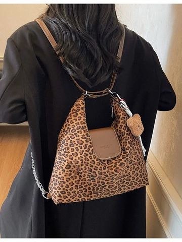 Damen Vintage Leopardenmuster Große Kapazität Rucksack PU Leder Fashion Tragetasche Mit Bärenanhänger Für Den Alltag Reisen