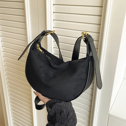 Bolso Hobo de Media Luna Vintage para Mujer Aspecto de Ante Poliéster Bolso de Hombro Con Correa Ajustable Color Sólido