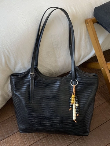 Sac Fourre-tout Vintage À Texture Tissée Pour Femmes Sac À Bandoulière Grande Capacité Avec Pendentif En Perles