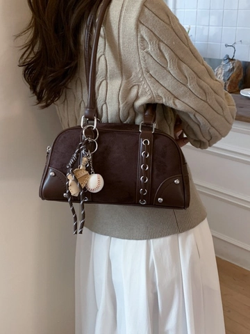 Retro PU Leder Kussen Bowling Tas voor Vrouwen Mode Woon-werkverkeer Schoudertas Met Honkbalbedel Luipaard Bruin Onderarmtas