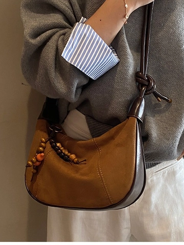 Sac Hobo Vintage en Cuir PU pour Femmes Couture Rétro Sac à Bandoulière Sous le Bras Avec Pendentif en Perles Sac à Main Demi-Lune