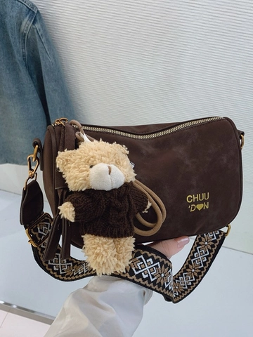Sac Polochon Rétro en PU Givré pour Femme Décontracté Navette Sac Bandoulière Avec Large Sangle Géométrique et Porte-Clés Ours