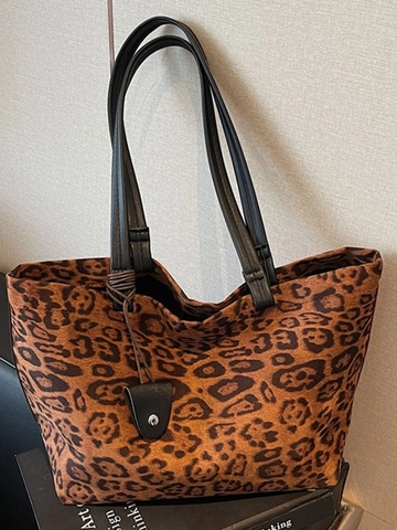 Damen Leopardenmuster Tote Bag Große Kapazität PU Leder Retro Schultertasche Casual Pendeln Mode Handtasche Mit Doppelgurten