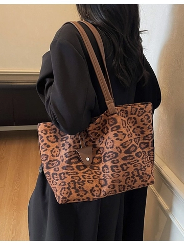 Damen Leopardenmuster Tote Bag Große Kapazität PU Leder Retro Schultertasche Casual Pendeln Mode Handtasche Mit Doppelgurten