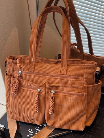 Grand Sac Fourre-tout en Velours Côtelé pour Femmes Sac à Bandoulière Vintage Multi-poches Sac à Main Décontracté avec Bandoulière Réglable