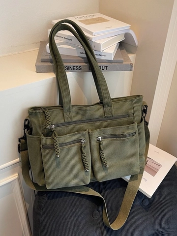 Grand Sac Fourre-tout en Velours Côtelé pour Femmes Sac à Bandoulière Vintage Multi-poches Sac à Main Décontracté avec Bandoulière Réglable