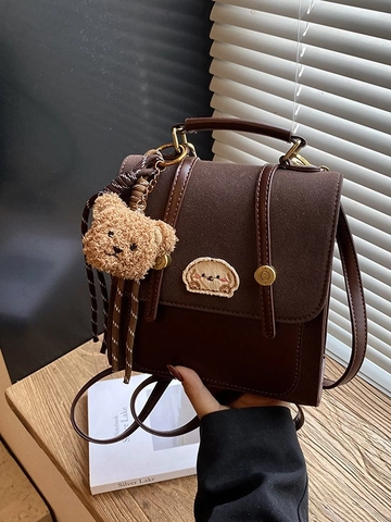 Sac à Dos Vintage en Cuir PU Patchwork Pour Femmes Mignon Dessin Animé Broderie Sac d'École Avec Pendentif Ours