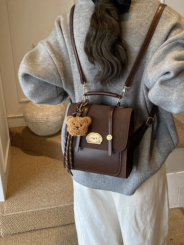Sac à Dos Vintage en Cuir PU Patchwork Pour Femmes Mignon Dessin Animé Broderie Sac d'École Avec Pendentif Ours