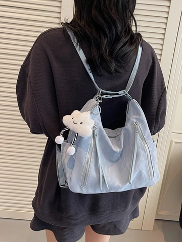 Zaino da Donna Grande Capacità Moda in Pelle PU Texture Increspata Borsa Tote Casual Versatile a Spalla Con Pendente Nuvola