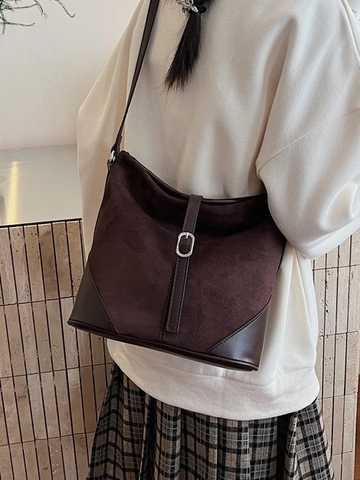Damen Große Kapazität PU Eimertasche Vintage Mattiertes Spleißen Umhängetasche Mode Pendeln Crossbody Tasche Mit Metallschnalle