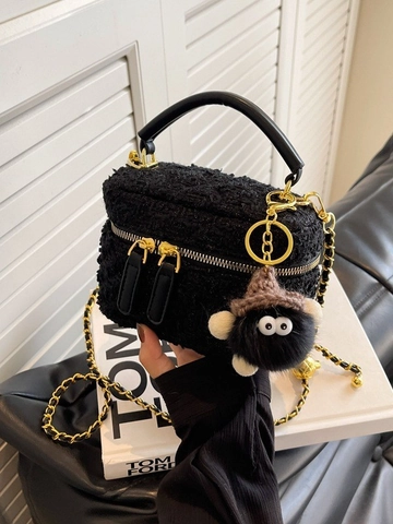 Sac Seau en Fil de Laine à Carreaux pour Femmes Sac à Main Mini Paillettes Avec Charme de Monstre en Peluche Bandoulière
