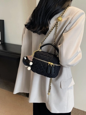 Sac Seau en Fil de Laine à Carreaux pour Femmes Sac à Main Mini Paillettes Avec Charme de Monstre en Peluche Bandoulière