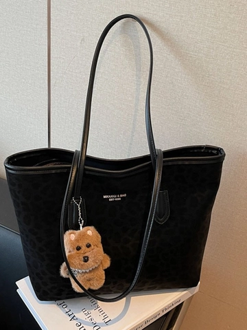 Bolso Tote de Cuero PU con Estampado de Leopardo Vintage Gran Capacidad Bolso de Hombro para Mujer Con Colgante de Oso Moda Casual
