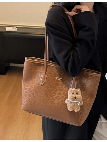 Bolso Tote de Cuero PU con Estampado de Leopardo Vintage Gran Capacidad Bolso de Hombro para Mujer Con Colgante de Oso Moda Casual