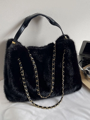Bolso Tote de Piel Sintética para Mujer Gran Capacidad Otoño Invierno Bolso de Hombro de Peluche Con Cadena de Metal Bolso de Mano Moda Suave Cálido Casual