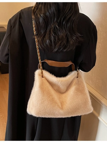 Bolso Tote de Piel Sintética para Mujer Gran Capacidad Otoño Invierno Bolso de Hombro de Peluche Con Cadena de Metal Bolso de Mano Moda Suave Cálido Casual