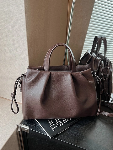 Women Large Capacity Pleated PU Leather Handbag Fashion Soft Commuter Shoulder Crossbody Bag Minimalist Solid Color Tote Bag