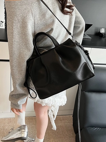 Women Large Capacity Pleated PU Leather Handbag Fashion Soft Commuter Shoulder Crossbody Bag Minimalist Solid Color Tote Bag