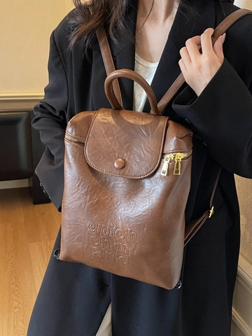 Sac à Dos en Cuir PU Vintage pour Femmes Surface Souple Sac de Mode Trajet Avec Fermeture Éclair Dorée et Gaufrage de Lettres