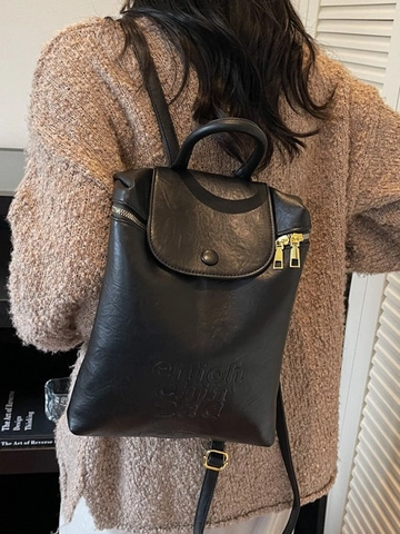 Sac à Dos en Cuir PU Vintage pour Femmes Surface Souple Sac de Mode Trajet Avec Fermeture Éclair Dorée et Gaufrage de Lettres
