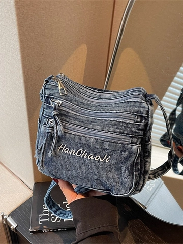 Vintage Washed Denim Crossbody Bag For Women Multi Pocket Shoulder Bag With Letter Embroidery Casual Fashion Small Square Bag