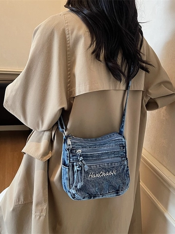 Vintage Washed Denim Crossbody Bag For Women Multi Pocket Shoulder Bag With Letter Embroidery Casual Fashion Small Square Bag