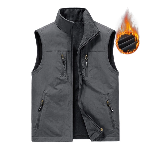 Chaleco para Hombre Reversible Aire Libre con Forro de Felpa Invierno Cálido Cuello Alto Chaqueta sin Mangas Con Múltiples Bolsillos Abrigo Casual Resistente al Viento