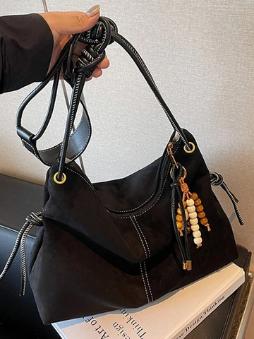 Vintage Large Capacity Suede Crossbody Bag For Women Solid Color Dumpling Bag With Beaded Charm Minimalist Shoulder Bag