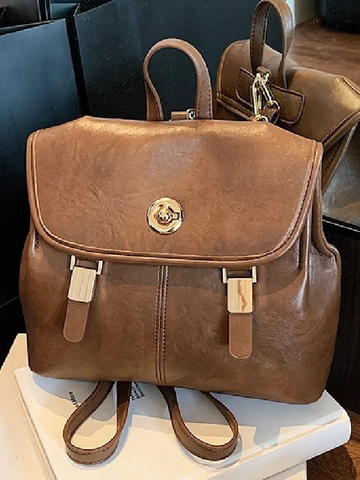 Mochila Vintage de Cuero PU para Mujer Moda Cierre Giratorio Estilo Académico Bolsa Escolar Minimalista Coreana