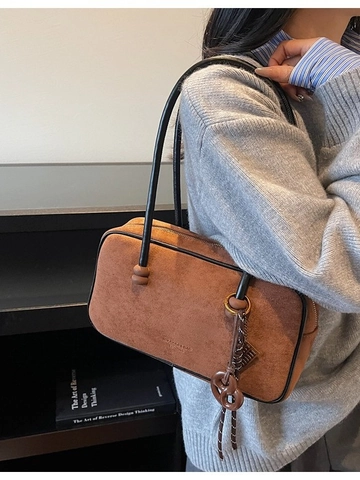 Large Capacity Faux Suede Shoulder Bag For Women Retro Matte Boston Bag With Pendant Fashion Underarm Pillow Bag Office Commuter Handbag