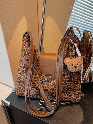 Vintage Leopard Print Large Capacity Tote Bag Fashion Canvas PU Leather Shoulder Bag Multi-functional Backpack For Women