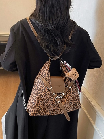 Vintage Leopard Print Large Capacity Tote Bag Fashion Canvas PU Leather Shoulder Bag Multi-functional Backpack For Women