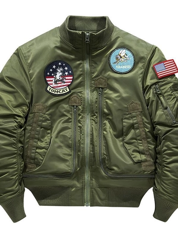 Herren Gesteppte Fliegerjacke Militär Bomberjacke Mit Stickerei-Abzeichen Wasserdicht Verdickt Winddicht Lässig Outdoor Mantel