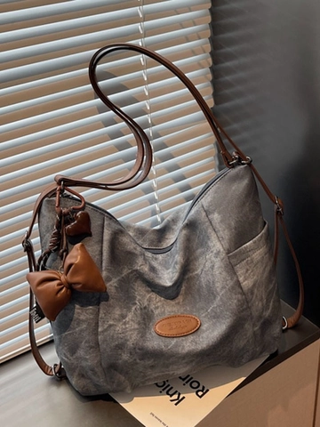 Sac à Dos Femme Grande Capacité en Cuir PU Style Preppy Vintage Sac Bandoulière Avec Noeud Pendentif Coeur Décontracté