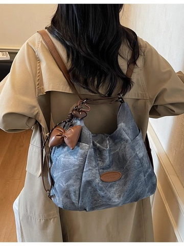 Sac à Dos Femme Grande Capacité en Cuir PU Style Preppy Vintage Sac Bandoulière Avec Noeud Pendentif Coeur Décontracté